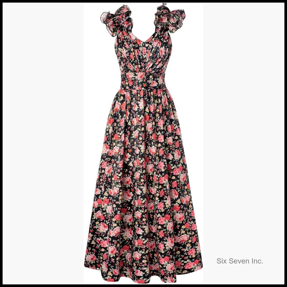 Sleeveless Floral Print A-Line Sundress with Ruffled Shoulders